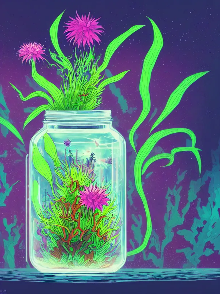 Prompt: concept art. illustration. sci - fi. multicolour strange weird plants and flowers from a different planet in a closed jar. high sci - fi. holographic, beautiful, ethereal