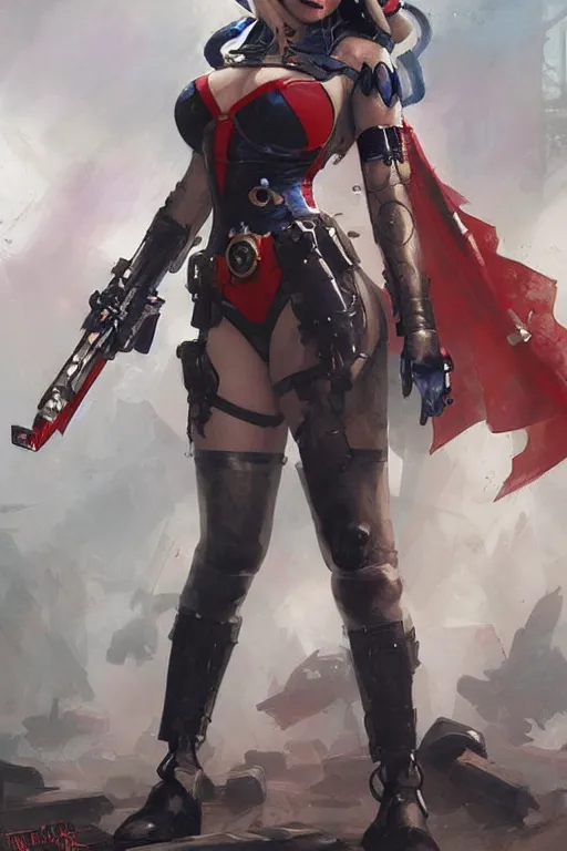 Prompt: Harley Quinn in bikini armor, dc comics, cyberpunk, Warhammer 40000, digital art from artstation by Ruan Jia and Mandy Jurgens and Artgerm and william-adolphe bouguereau