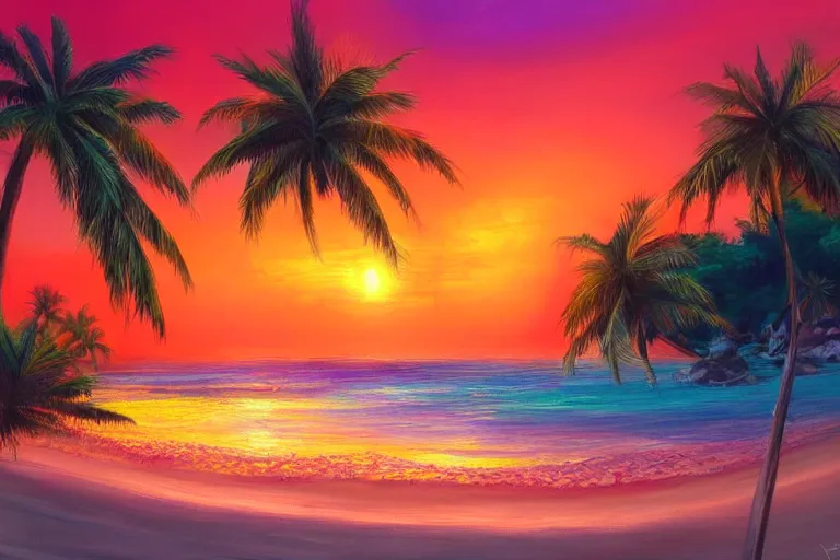 Image similar to beautiful painting of a fantasy tropical island beach, with sun, at sunset trending on artstation, purple orange red color scheme