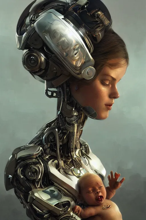 Image similar to ultra realistic illustration, robot woman carrying a human baby + face, cyberpunk, sci - fi, fantasy, intricate, elegant, highly detailed, digital painting, artstation, concept art, smooth, sharp focus, illustration, art by artgerm and greg rutkowski and alphonse mucha