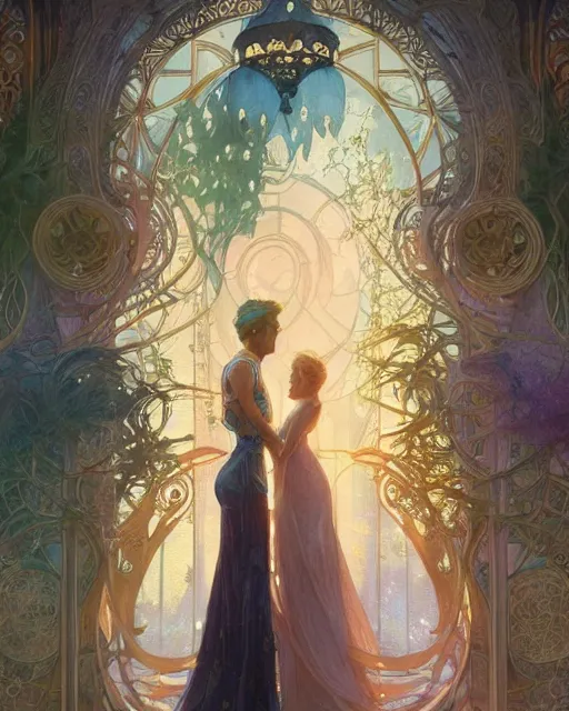 Image similar to secret romance, highly detailed,, gold filigree, romantic storybook fantasy, soft cinematic lighting, award, disney concept art watercolor illustration by mandy jurgens and alphonse mucha and alena aenami, pastel color palette, featured on artstation