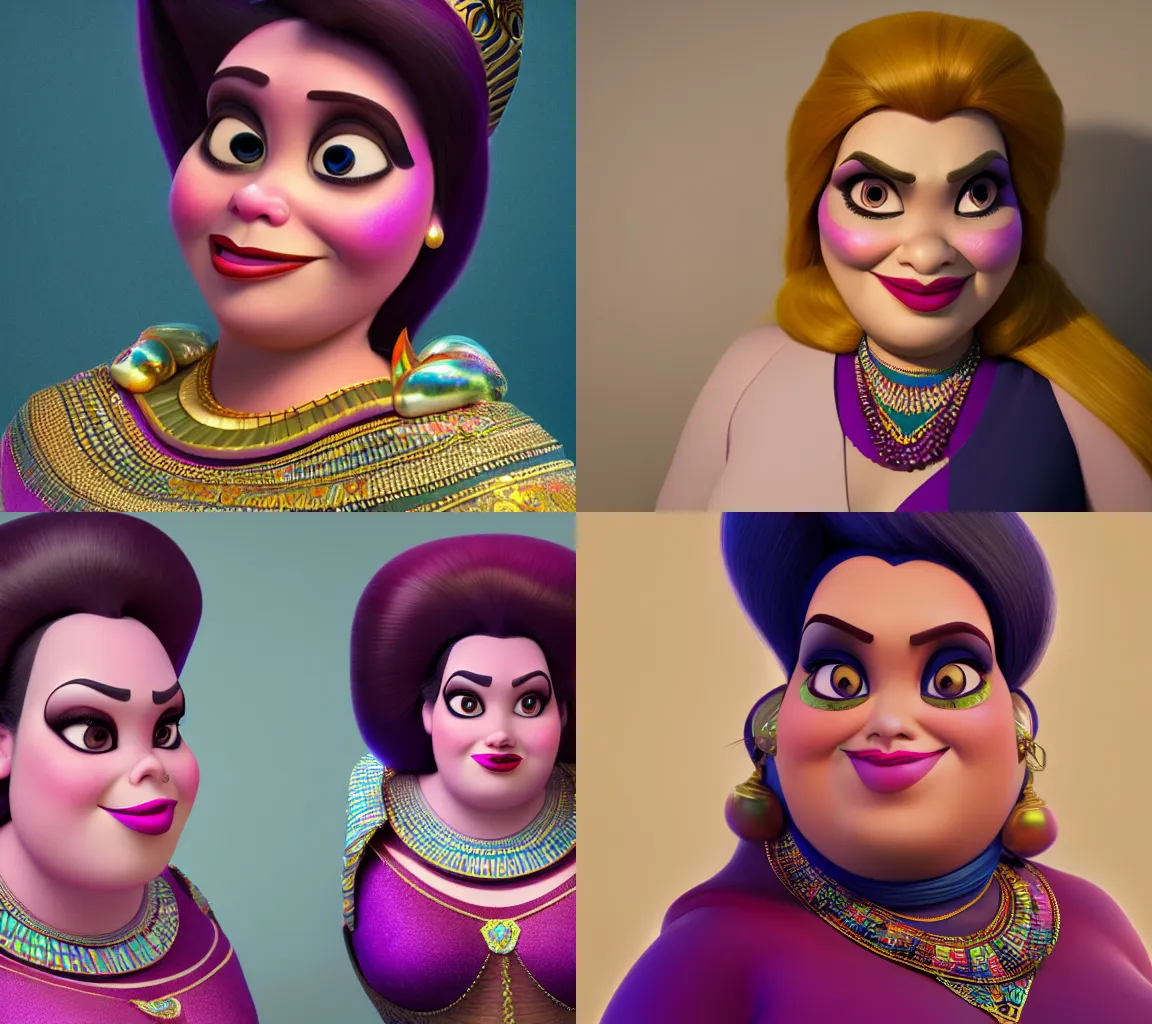 Prompt: detailed hyperdetailed Portrait of a chubby female Disney villain, egyptian, arrogant look, beautiful 3D render, 8k, octane render, in the style of disney's tangled