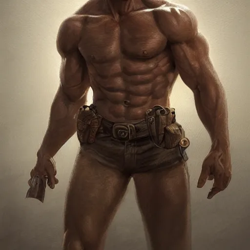 Image similar to portrait of a rugged ranger, muscular, upper body, hairy torso, detailed detailed detailed hands hands hands hands, D&D, fantasy, bare bare bare bare thighs thighs thighs intricate, elegant, highly detailed, digital painting, artstation, concept art, smooth, sharp focus, illustration, art by artgerm