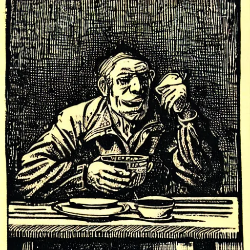 Prompt: woodcut of a bored man eating bland breakfast