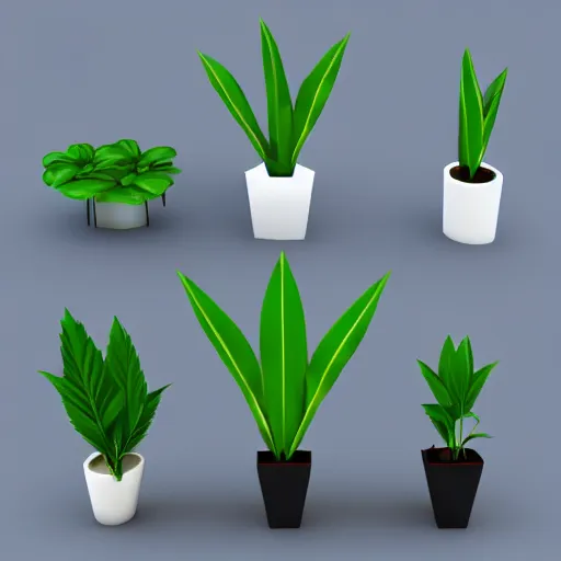 Image similar to early 3 d low polygon artifical plants on a white background