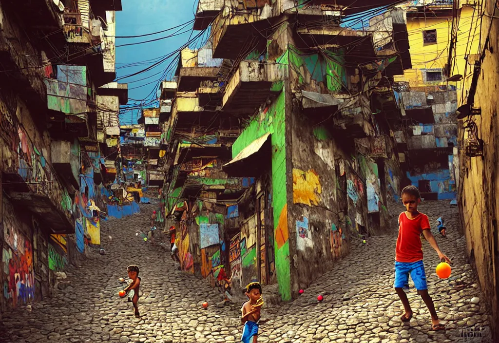 Image similar to photorealistic favela rocinha rio de janeiro with precise rendered alleys with intricate details of gun happy people in alley close view of kid playing with colorful ball and flying kit by Justin Gerard