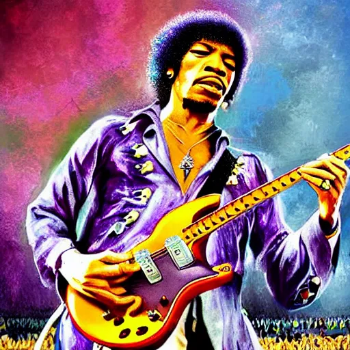 Prompt: HD digital concert poster Jimi Hendrix at Woodstock, ultra realistic, powerful, iconic, love peace and unity, hippy, flower power