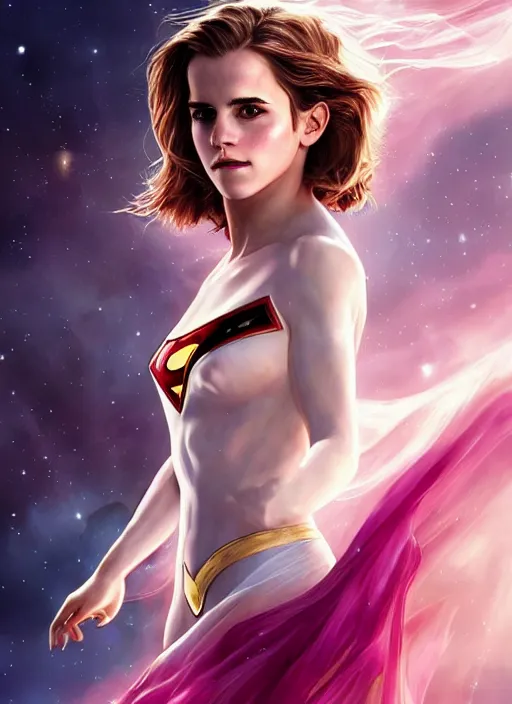 Image similar to emma watson as nature magic celestial, superman pose, long hair, soft pink and white transparent cloth, space, D&D, shiny background, intricate, elegant, highly detailed, digital painting, artstation, concept art, smooth, sharp focus, illustration, artgerm, bouguereau