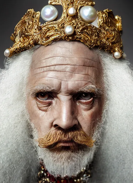 Image similar to hyperrealism, detailed textures, award winning autochrome photo, symetrical old bearded man pearl medusa king autochrome pearl portrait, pearl silverplate, intricate, detailed facial pearl animal mask, pearl, golden jewelery, silverplate, ultra realistic, cinematic, intricate, cinematic light by steve mccurry, unreal engine 8 k