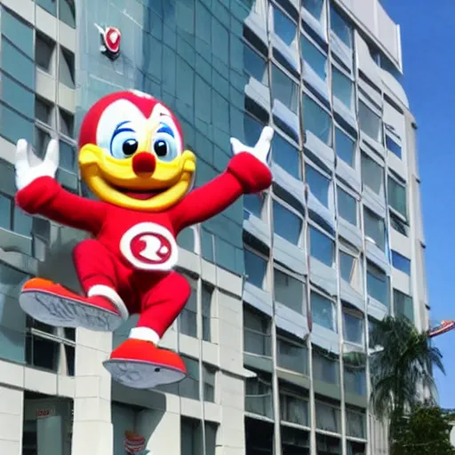 Image similar to Jollibee mascot destroying a city, stepping on a building
