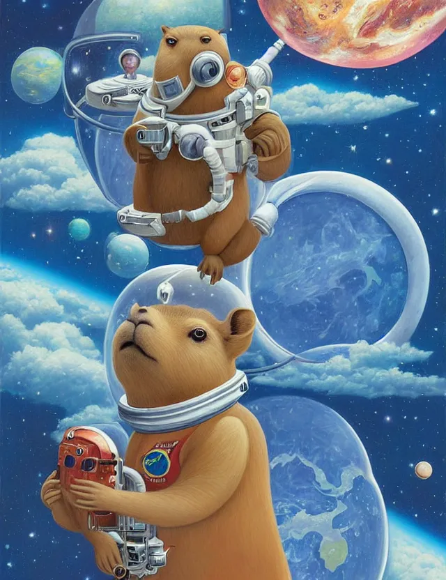 Prompt: beautiful detailed and adorable painting of a capybara astronaut in a spacesuit floating above earth by casey weldon by mark ryden by thomas blackshear, super cute, new contemporary, oil painting