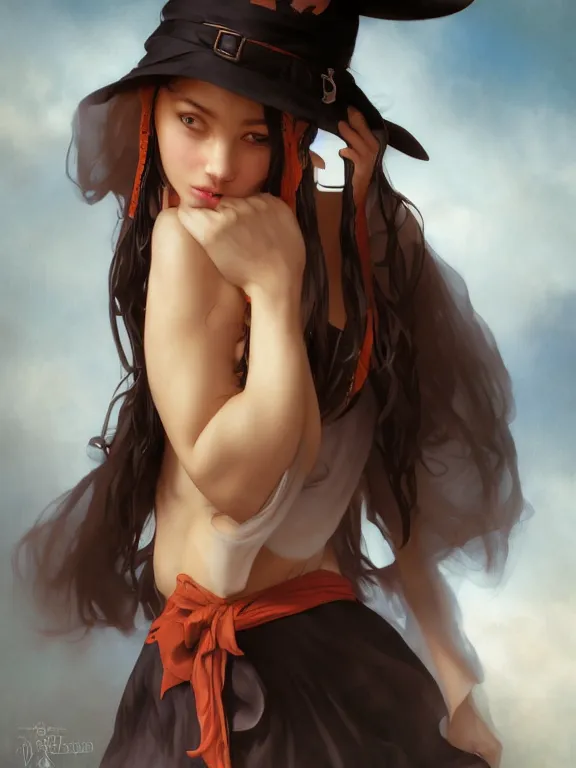 Image similar to Full shot of a mischievous young witch about to get up to some trouble. Latin American fashion. Black and Orange palette. Latina girl. brown skin. defined facial features, symmetrical facial features. By Ruan Jia and Artgerm and Range Murata and WLOP and Ross Tran and William-Adolphe Bouguereau. Key Art. Fantasy Illustration. award winning, Artstation, intricate details, realistic, Hyperdetailed, 8k resolution.