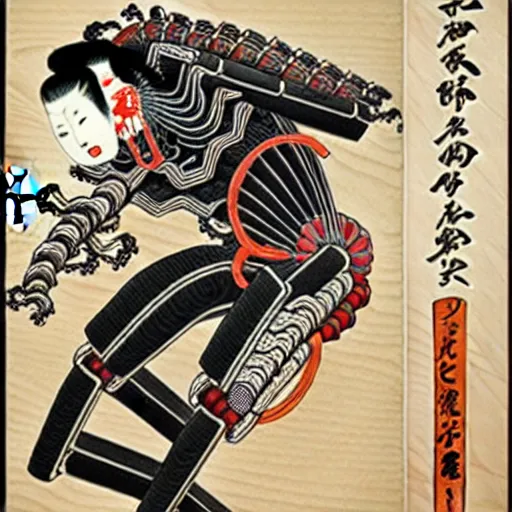 Image similar to biomechanical ukiyo - e woodblock, very detailed, hyperrealistic