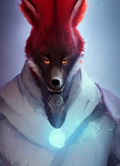 Image similar to beautiful portrait of a handsome black male anthropomorphic wolf fursona long red hair in destiny 2. character design by cory loftis, fenghua zhong, ryohei hase, ismail inceoglu and ruan jia. artstation, volumetric light, highly detailed, photorealistic, fantasy, rendered in octane