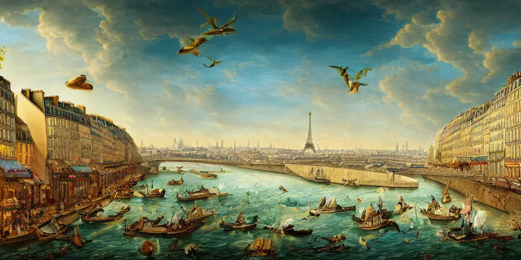 Image similar to master piece stunning digital painting of a parisian small city contained on the top of a giant sea turtle