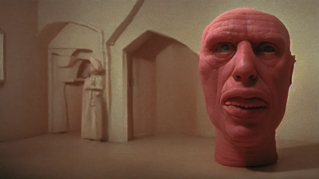 Prompt: the giant human head made of wax above the house, film still from the movie directed by Wes Anderson with art direction by Zdzisław Beksiński, wide lens