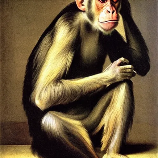 Prompt: a monkey lost deep in thought, portrait, by caravaggio