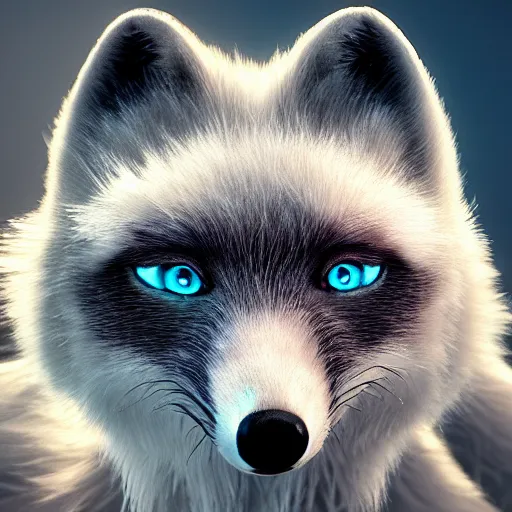 Image similar to arctic fox, detailed eyes, glowing, Milky Way background, octane, cinematic, hyper realism, high detail, octane, 8k