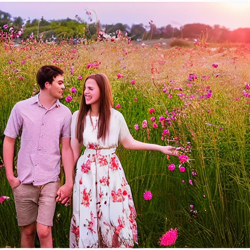 Prompt: a young couple holding hands in a field of flowers at sunset