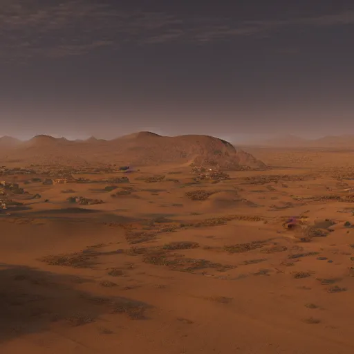 Prompt: A view of a distant desert village, 4k, artstation, cgsociety, cinematic lighting