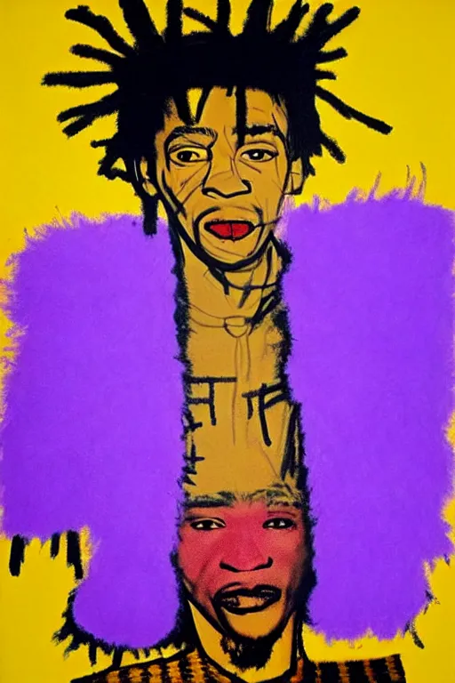 Image similar to a checkered fluffy robe over a purple clothed king, brown skin, painting by jean michel basquiat, andy warhol,