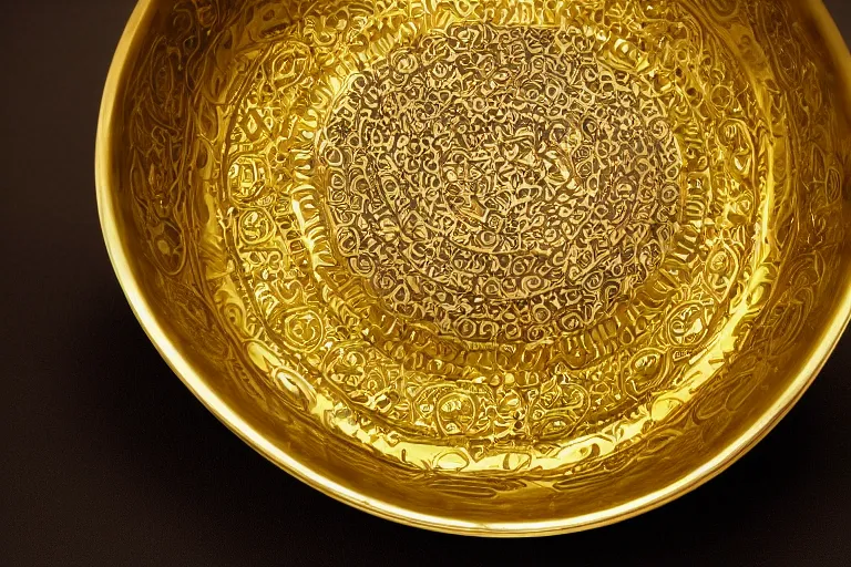 Image similar to an ornate golden bowl of rice, side-view, highly detailed photograph