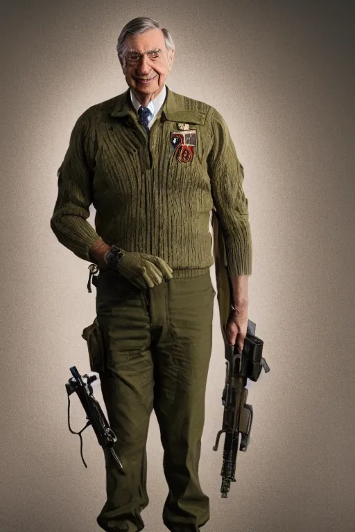 Image similar to mr. rogers in military gear looking tough and threatening, intricate, hyper detailed, accent lighting, dramatic light, 4 k octane render