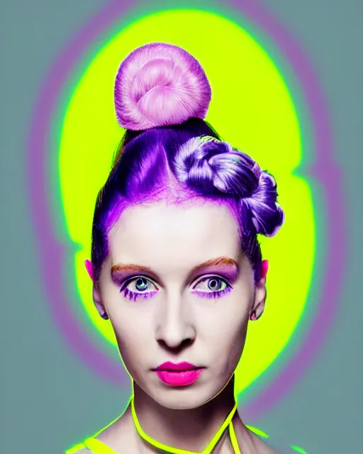 Prompt: photo-realistic portrait of a young pale woman with lilac hair buns, wearing a neon yellow dress by Vivienne Westwood, intricate details, masterpiece, black background