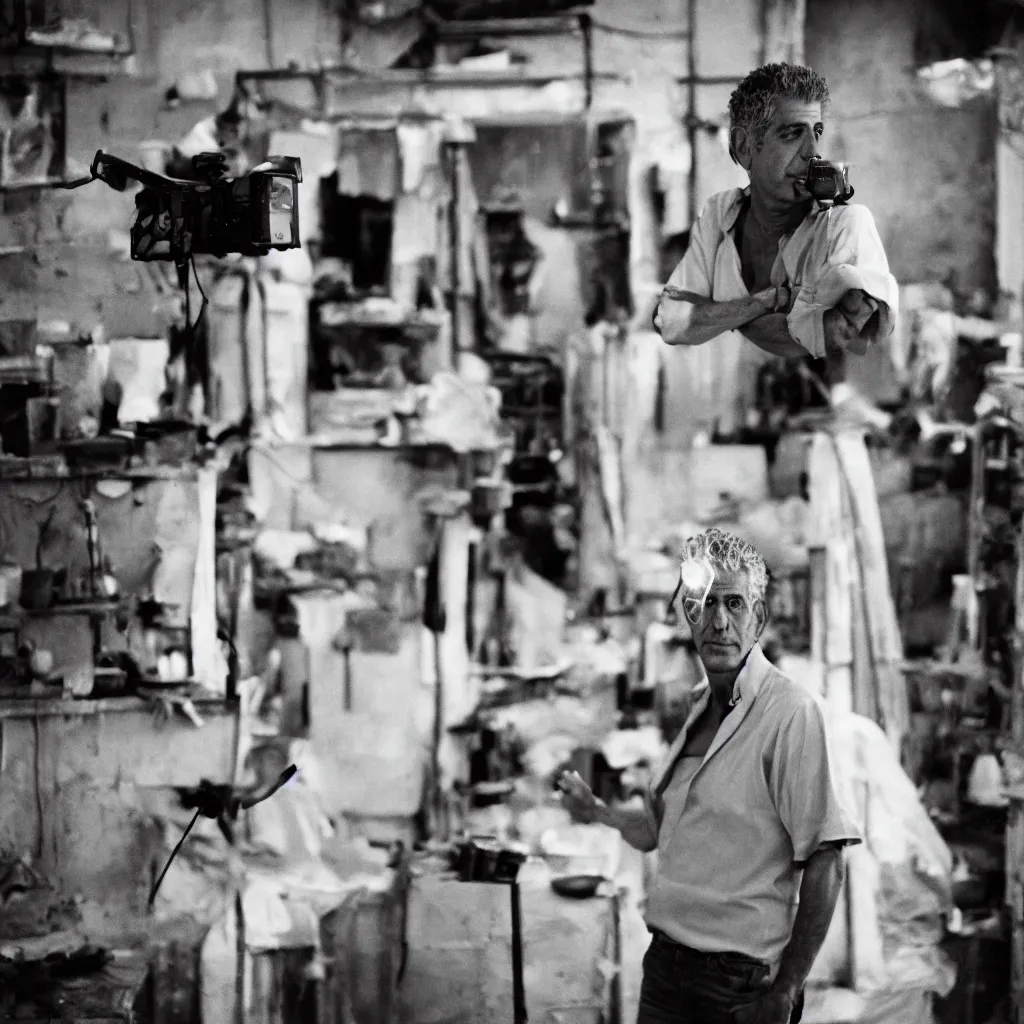 Image similar to studio portrait photo of Anthony Bourdain by Steve Mccurry, 50mm, pentax, film