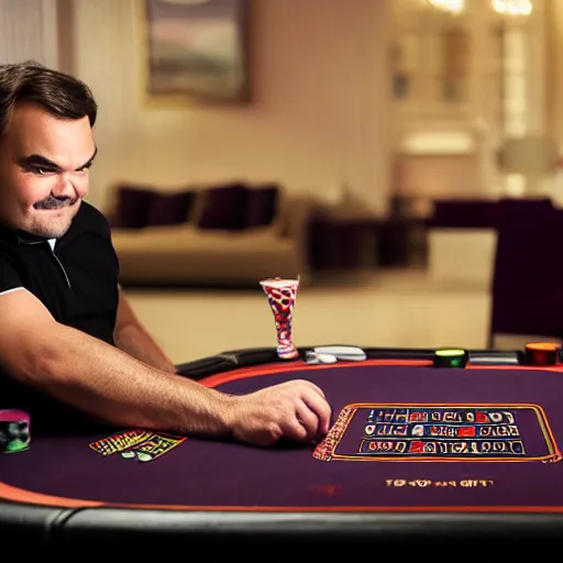 Image similar to Jack Black playing blackjack while drinking blackcurrant and wearing black polo shirt, realistic, ultra high detail, 8k.