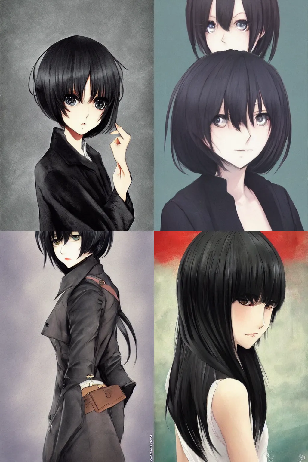 Prompt: manga girl with a very stylish coat by krenz cushart, black medium length Dutch bob cut hair with straight bangs, poster