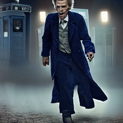 Image similar to willem dafoe as a rough dirty old man with a scruffy beard in a dark blue trenchcoat as the new doctor who, cinematic, volumetric lighting, f 8 aperture, cinematic eastman 5 3 8 4 film, photorealistic