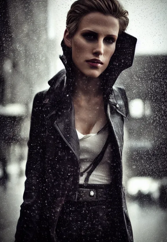 Image similar to cosmopolitan model annie leonhart posing in dunwall city, beautiful face, detailed face, realistic eyes, cinematic lighting, rainy weather, melancholy atmosphere, volumetric light, gothic architecture, realistic reflections, model agency, instagram photo, depression atmosphere, shot on sony a 7