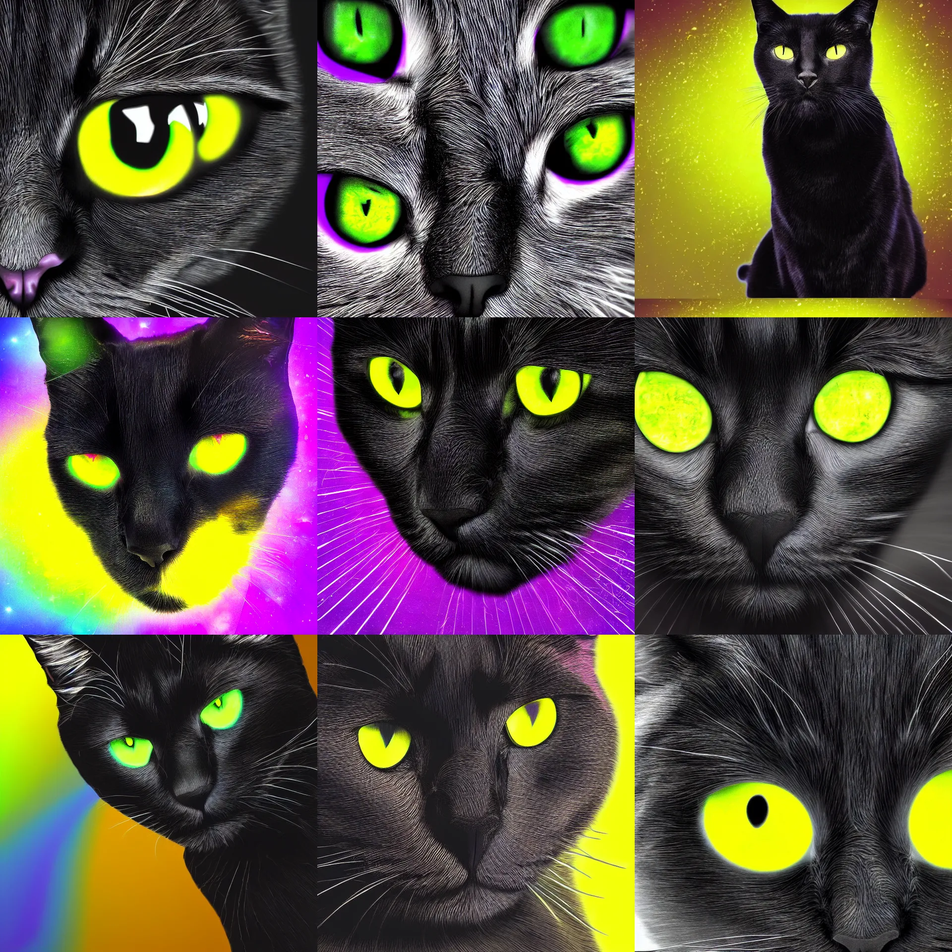 Prompt: digital art painting of a black cat with yellow eyes staring at you, green and purple lighting, ray tracing, on a spacial looking background
