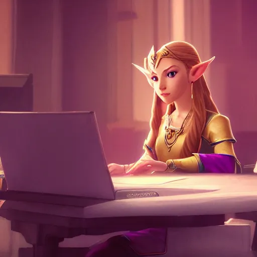 Image similar to Princess Zelda, sitting at a desk programming on a computer, close-up shot, elegant, realistic character concept, high fantasy, light atmosphere, golden ratio, cinematic lighting, hyperdetailed, high resolution, insanely detailed and intricate, artstation, Marc Simonetti, Greg Rutkowski, octane render, 8k