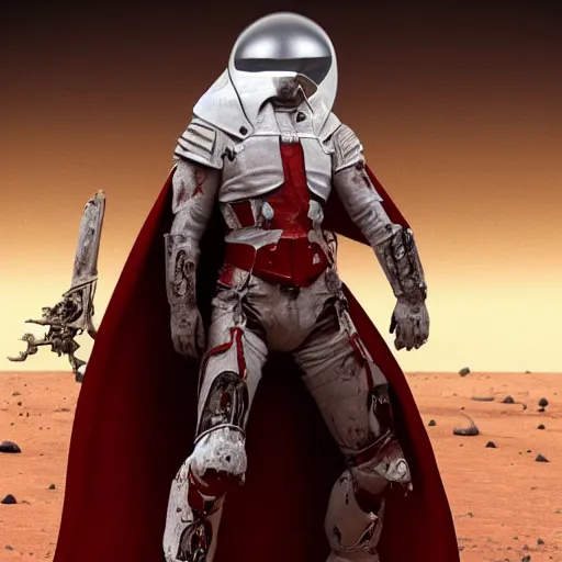 Prompt: full body shot of a 5 0 year old soldier vertical nose slits, angular eyebrows, blood - spattered glossy sleek white dinged scuffed armor and a long torn red cape, heroic posture, battle - weary, strained expression, determined expression, no helmet, on the surface of mars, dramatic lighting, cinematic, sci - fi, hyperrealistic, detailed