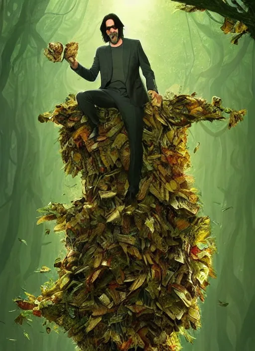 Image similar to highly detailed comedy caper movie poster with silly wacky zany keanu reeves as a sentient pile of leaves, keanu reeves green face as tree sentient leafy bush, falling through a leafy mind chasm by greg rutkowski, masterpiece, really funny, 1 0 / 1 0 comedy