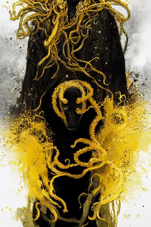 Image similar to A full body portrait of a mysterious character with no face with a very long hooded yellow cloak, a golden crown floating above his head tentacles coming out the ground art by Maciej Kuciara and Jason Chan, ominous, cosmic horror, trending on artstation, Ultra detailed, hyper realistic 4k