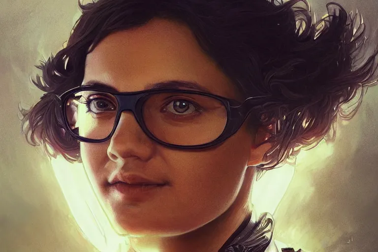 Prompt: Beautiful portrait of a glowing police officer wearing specs. wide angle, magic, fire, face painting, darkness, dramatic lighting, intricate, wild, highly detailed, digital painting, artstation, concept art, smooth, sharp focus, illustration, art by artgerm and greg rutkowski and alphonse mucha, footage from space camera