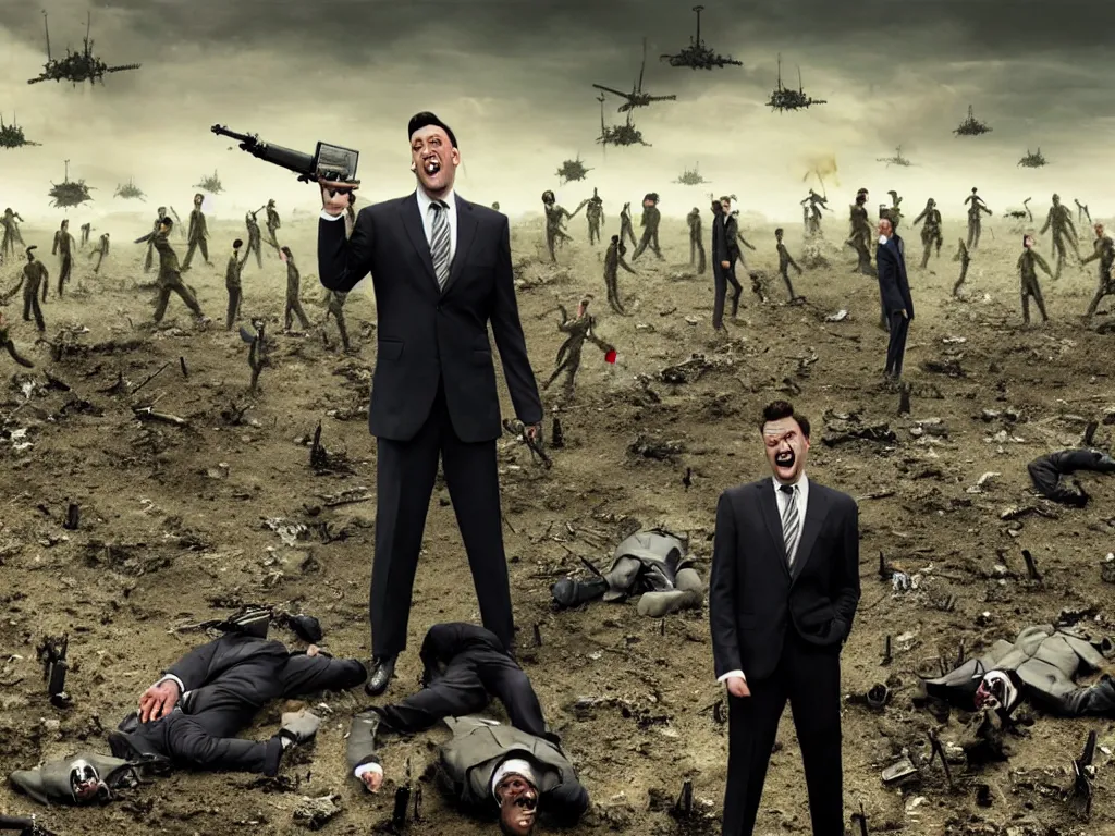 Image similar to one Comedian in suit and tie performing in a battle-field with dead bodies on the ground, comedian is funny, performing to dead soldiers, nuclear bomb in far horizon, apocalypse, trending on artstation, single man in suit, artstationHD, hyperdetailed matte painting, highly detailed, digital painting, hyper-realistic, realistic, photo-realistic