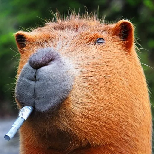 Image similar to capybara head, a man wearing a suit capybara head (smoking cigar)