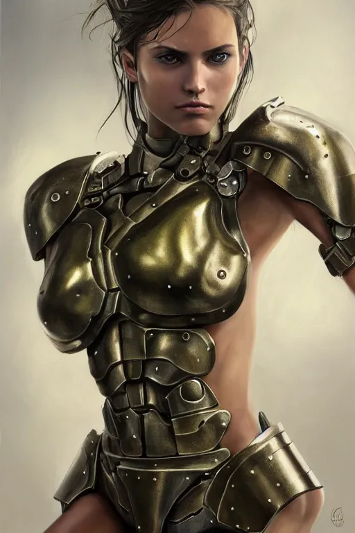 Image similar to a photorealistic painting of an attractive young girl, partially clothed in dull metal-plated battle armor, olive skin, long dark hair, beautiful bone structure, symmetric facial features, perfect eyes, intricate, elegant, slim muscular body, natural physique, digital painting, concept art, finely detailed, illustration, sharp focus, minimal artifacts, from Metal Gear, by Greg Rutkowski, in the style of Ruan Jia and Mandy Jurgens and Artgerm and William-Adolphe Bouguerea, trending on Artstation, award winning