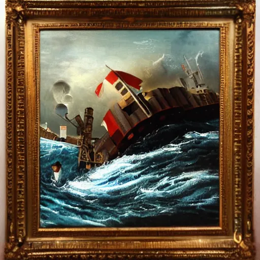 Prompt: Ship sinking in whirlpool, masterpiece, oil painting