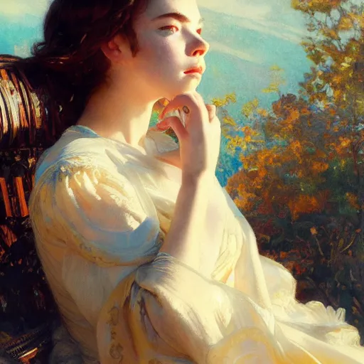 Image similar to detailed high fashion studio portrait of an anime anya taylor joy, eyes closed, sun light, painting by gaston bussiere, craig mullins, j. c. leyendecker