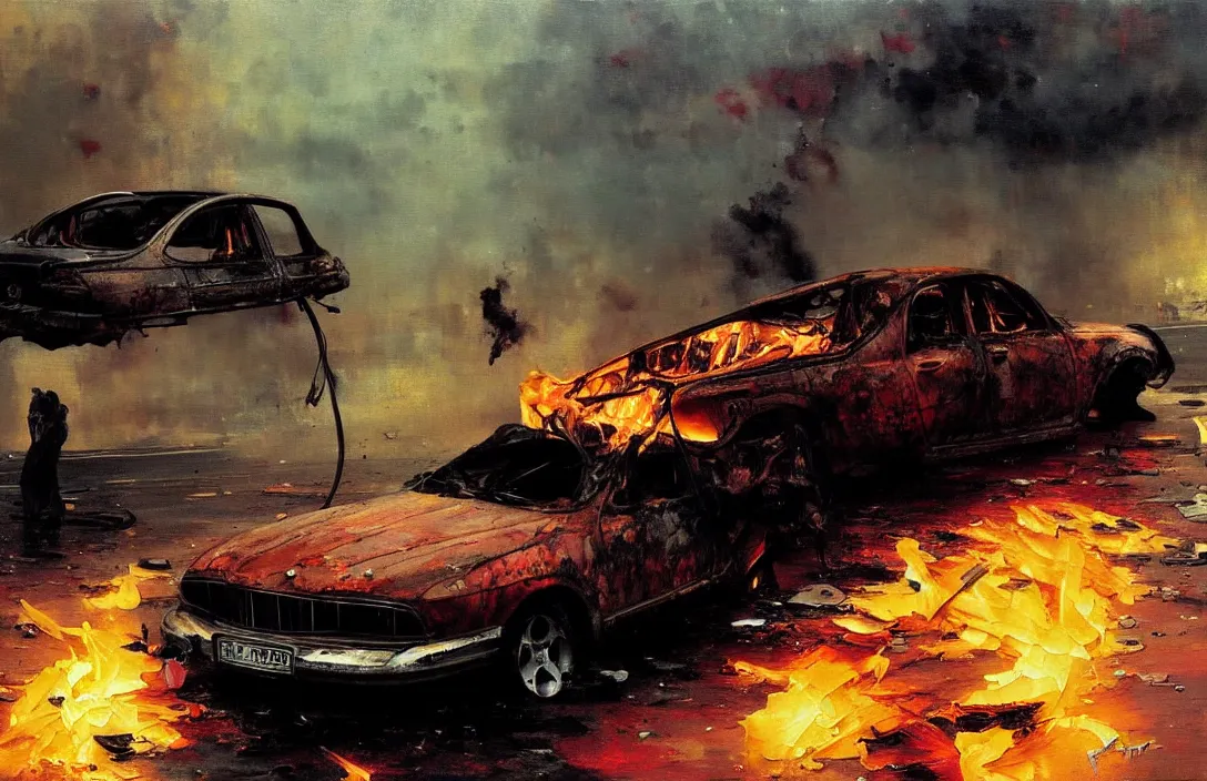 Prompt: abandoned car on fire, detailed painting, epic lighting, by ilya repin, phil hale and kent williams