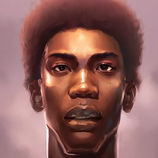 Prompt: portrait of a man by greg rutkowski, he is about 2 0 years old, mixture between afroamerican and japanese, afro hair, young, very tall and slender, he is wearing a futuristic police gear, highly detailed portrait, digital painting, artstation, concept art, smooth, sharp foccus ilustration, artstation hq