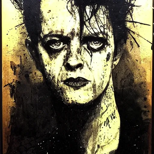 Image similar to stunning portrait of gaunt joe strummer a ( the cure fan ) as dream from sandman, dim stars as eyes, by jeremy mann, by cedric peyravernay, by by russ mills, by richard avedon and ben templesmith, dramatic lightning, sadness, dark eye sockets, in the shadows, punk rock, gothic, high detailed, 8 k