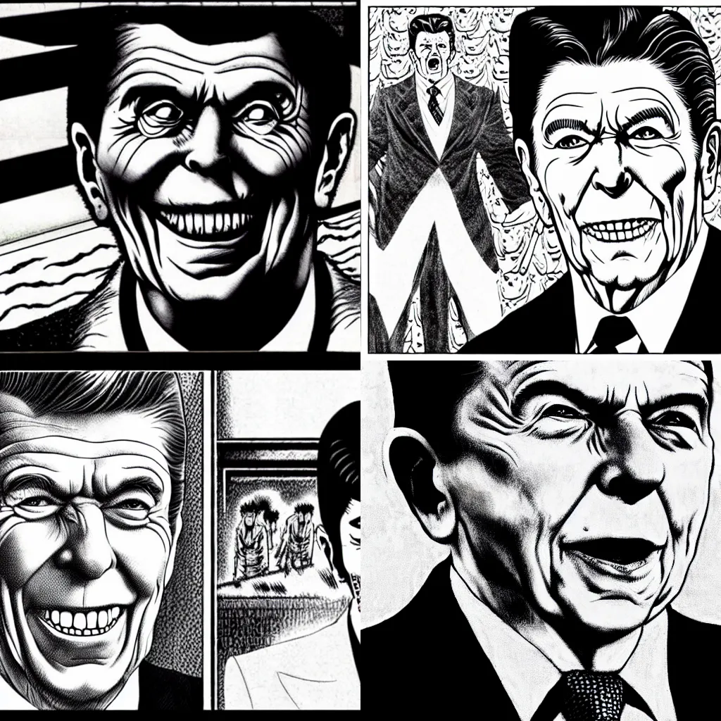 Prompt: ronald reagan in a junji ito manga, horror, monster, gross, monochrome!!!!!!!!