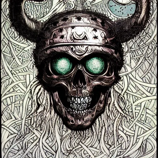 Image similar to portrait of skull with viking helmet and glowing eyes by rebecca guay, yoshitaka amano