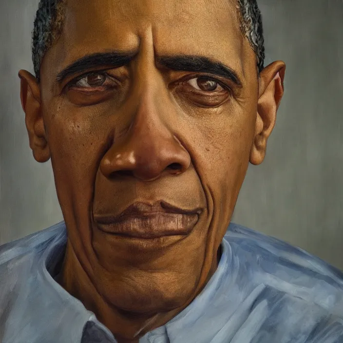 Prompt: hyperrealistic close up studio portrait of aging old Barak Obama age 103 wrinkled sorrowful, oil painting by Ivan Albright and Lucian Freud and Ron Mueck, trending on artstation Studio lighting hyperrealism